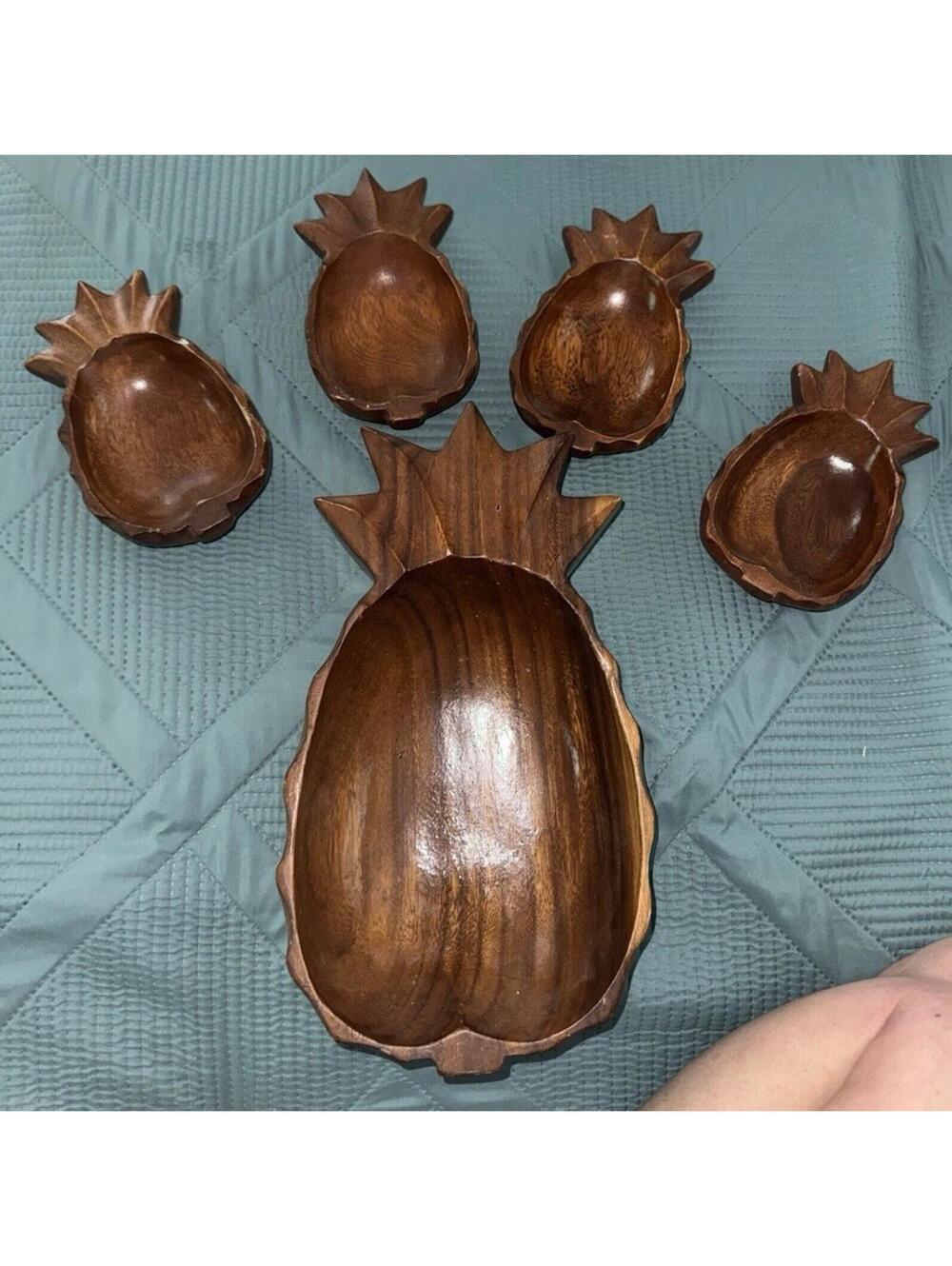 Vintage 5-Piece Monkey Pod Wood Pineapple Serving Bowls Made in Philippines